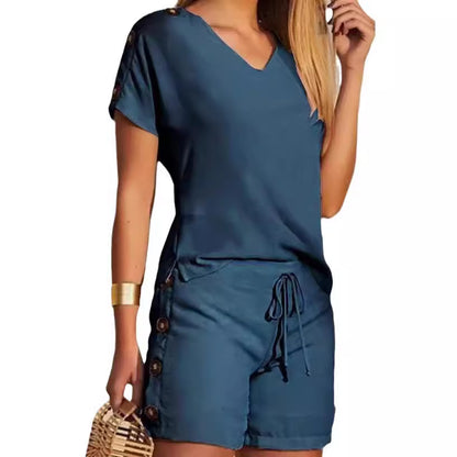 Damen Shorty-Overall mit Knopf-Details und elegantem V-Ausschnitt Stalluxe