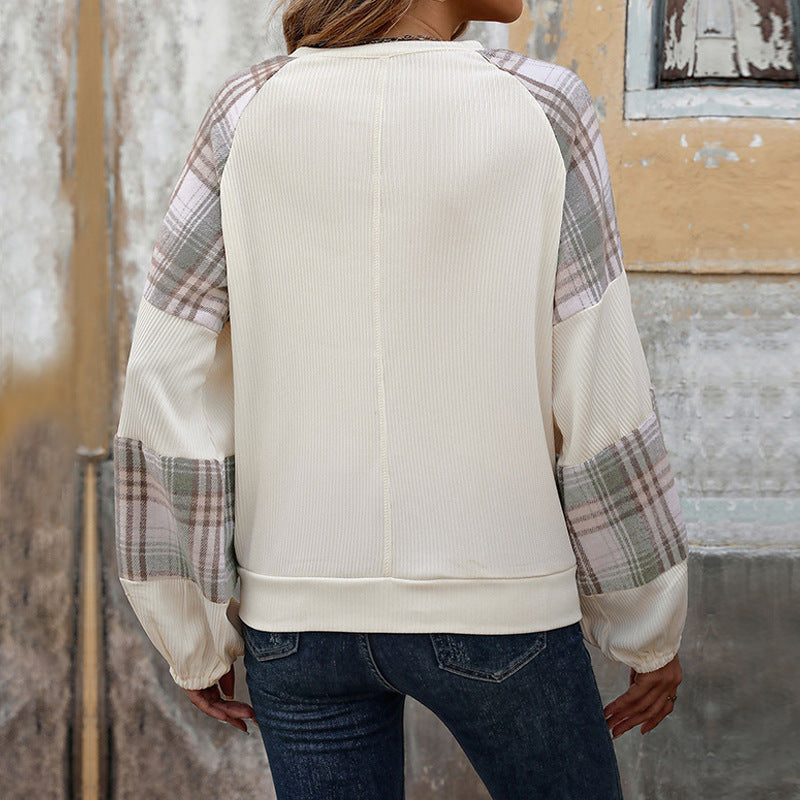Damen lässiges Sweatshirt mit Karodetails und voluminösen Ärmeln Stalluxe