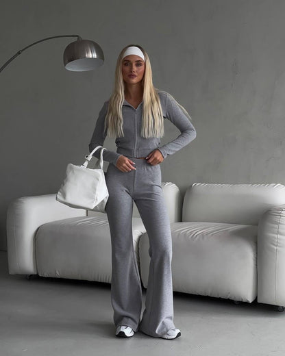 Damen lässiger Fitnesstraininganzug mit Reißverschluss und weiten Beinen Stalluxe
