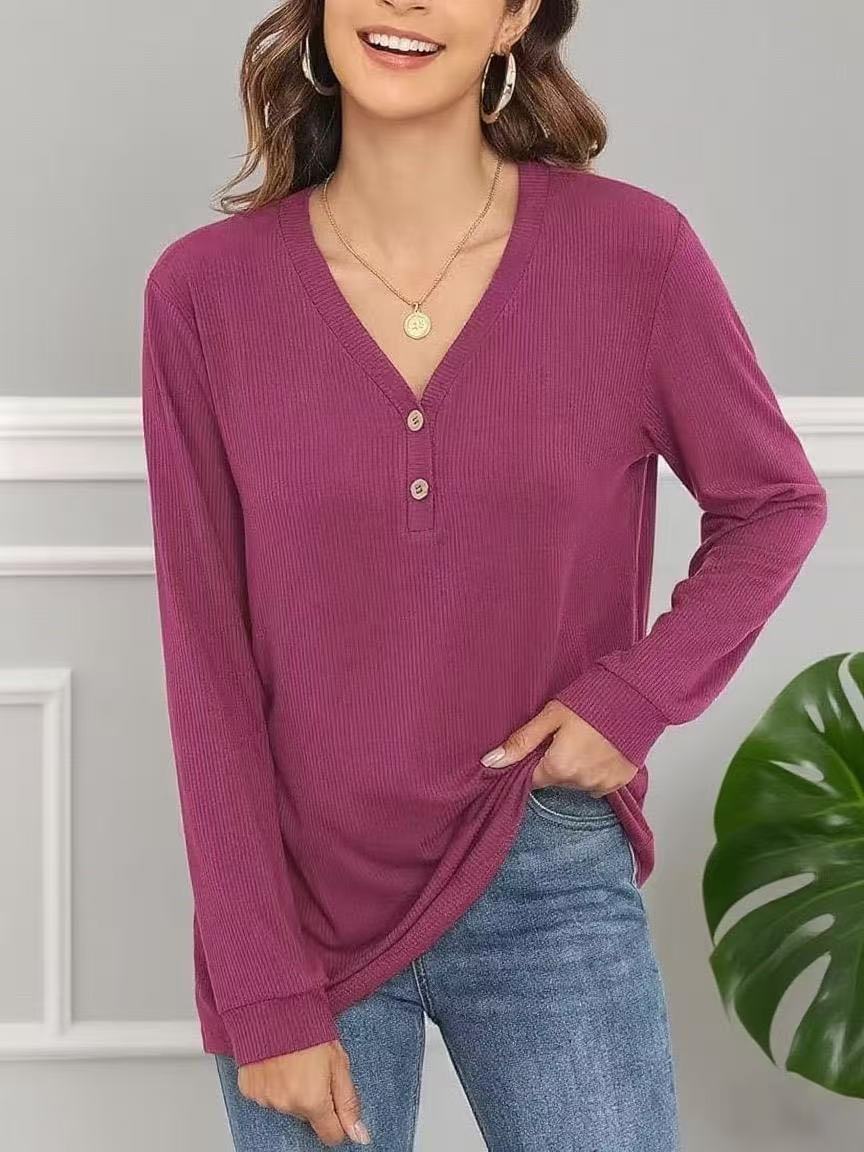 Damen lässiges Langarmshirt mit Knopfleiste und feiner Struktur Stalluxe