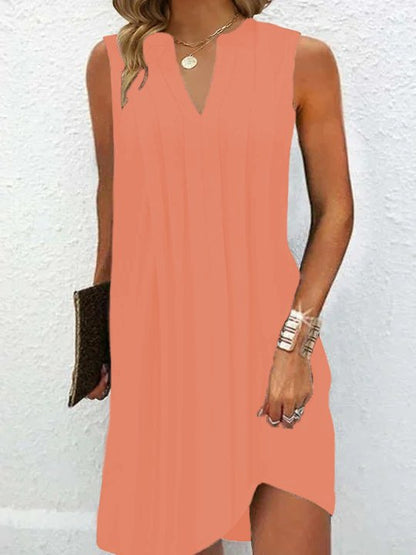 Damen elegantes, ärmelloses Kleid mit V-Ausschnitt und asymmetrischem Saum Stalluxe