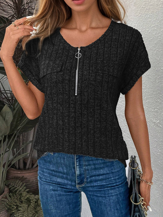 Women's Ribbed Pocket Zip-Up Top Stalluxe