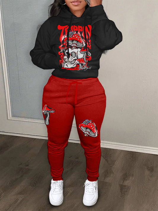 Damen Hoodie und Jogginghose Set mit kreativem Pilzdesign Stalluxe