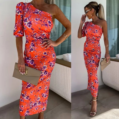 Damen Elegantes Blumenmuster-Midikleid mit asymmetrischem Schnitt Stalluxe
