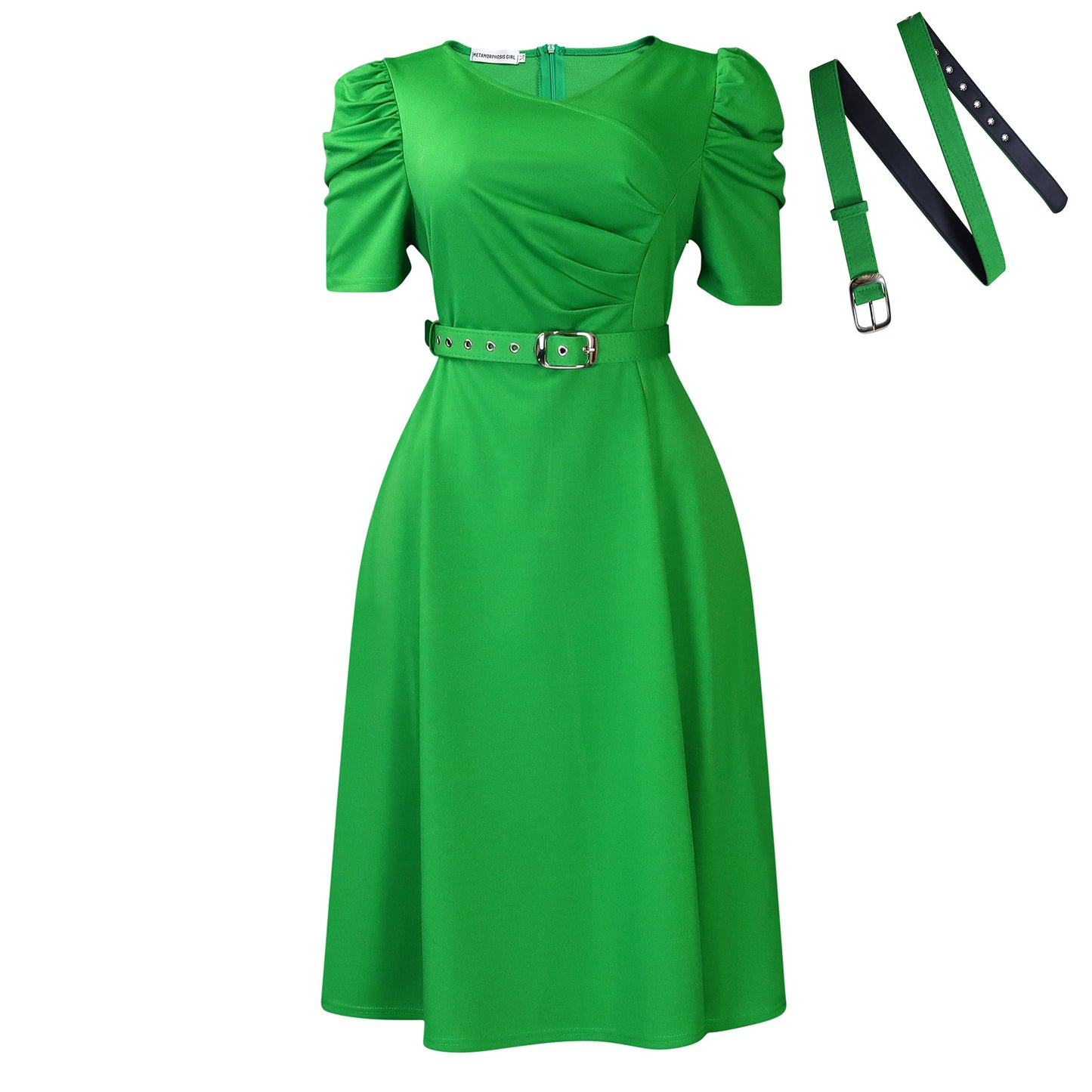Damen Midi-Kleid mit voluminösen Puffärmeln und schickem Taillengürtel Stalluxe