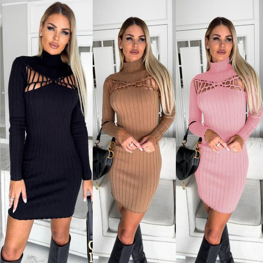 Damen figurbetontes Strickkleid mit markantem Ausschnitt Stalluxe