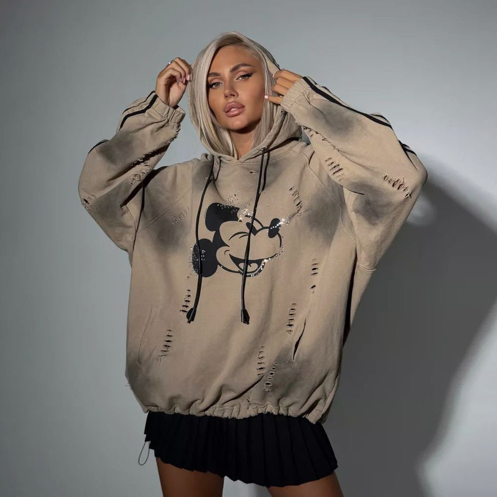 Damen Oversized Kapuzenpullover mit modischen Rissdetails und grafischem Print Stalluxe