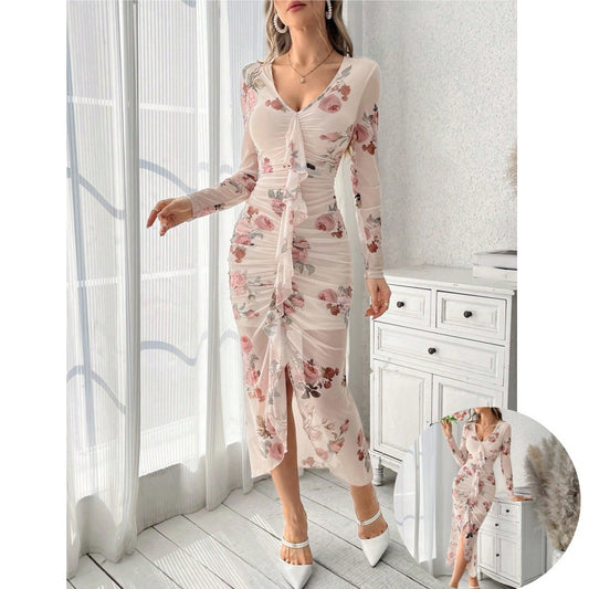 Damen Kleid mit Raffung und Blumenmuster Stalluxe