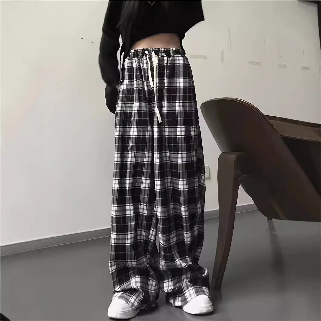 Damen weite Karohose mit elastischem Bund und Bindegürtel Stalluxe