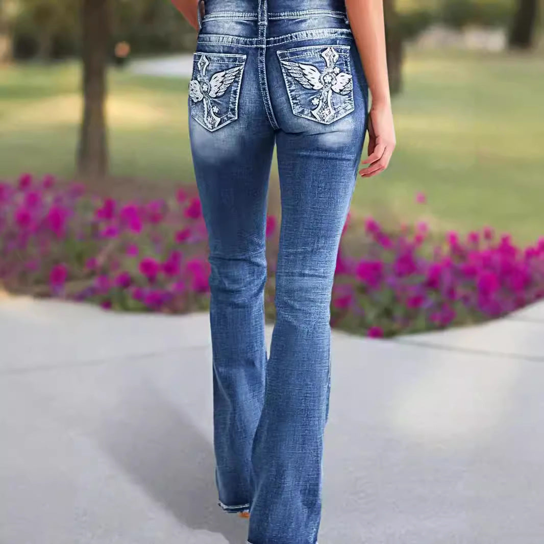 Damen Bootcut Jeans mit trendigem Used-Look und verzierten Taschen Stalluxe