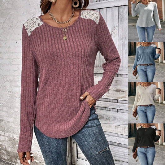 Women's Ribbed Knit Lace-Trimmed Sweater Stalluxe