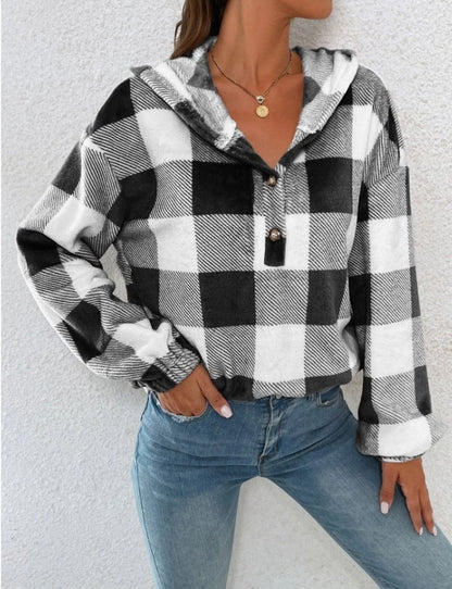 Damen Gemusterte Karo-Hoodie-Bluse Stalluxe