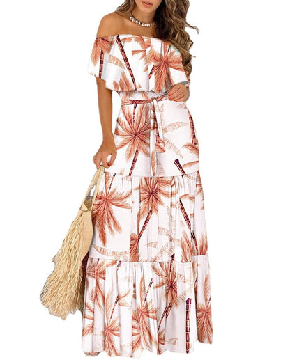 Damen Maxikleid mit schulterfreiem Design und animalischem Muster Stalluxe