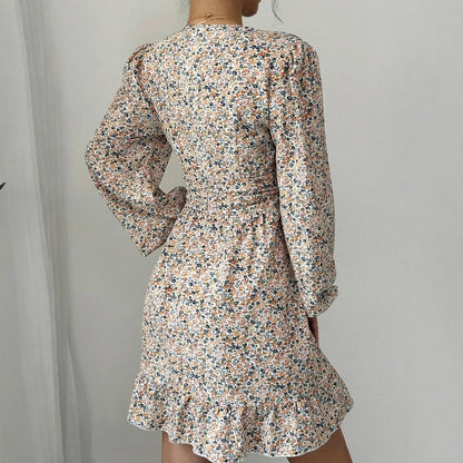 Damen Blütenverziertes Minikleid mit tiefem V-Ausschnitt und voluminösen Ärmeln Stalluxe