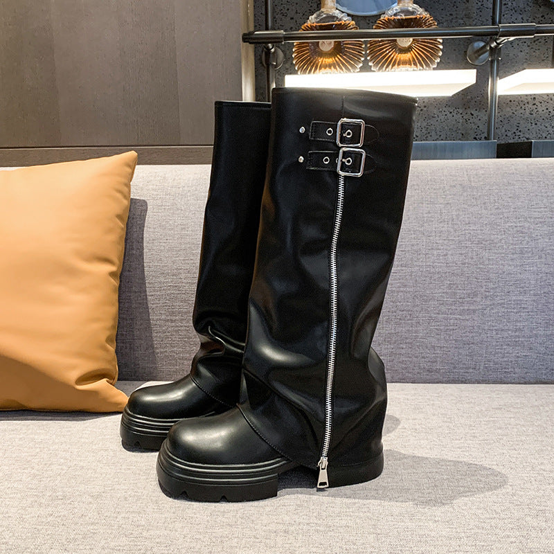 Damen Überknee-Stiefel mit modischem Reißverschluss und verstellbarem Riemen Stalluxe