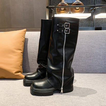 Damen Überknee-Stiefel mit modischem Reißverschluss und verstellbarem Riemen Stalluxe
