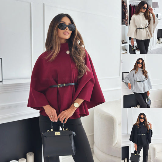 Damen elegante Poncho-Bluse mit Gürtel und modischem Revers Stalluxe