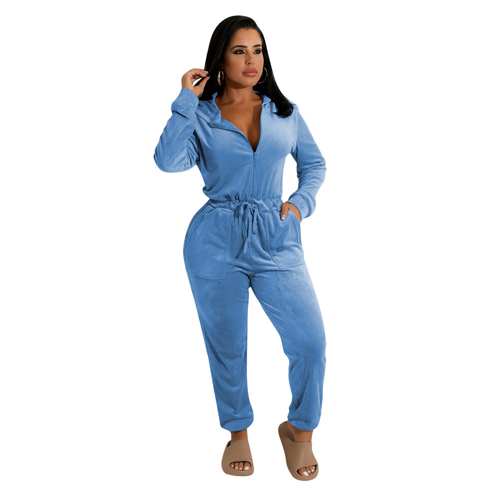 Damen Fleece-Jumpsuit mit Kapuze und elastischem Bund Stalluxe