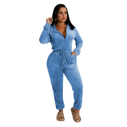 Damen Fleece-Jumpsuit mit Kapuze und elastischem Bund Stalluxe