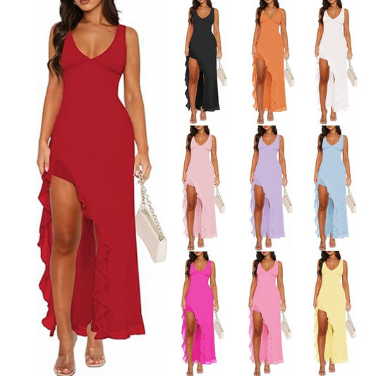 Damen Maxikleid mit asymmetrischem Saum und Rüschendetails Stalluxe