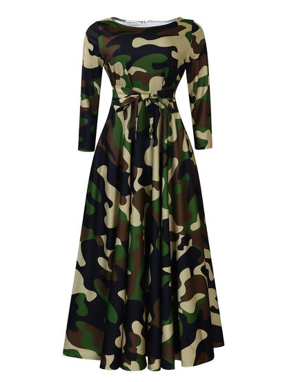 Damen Maxikleid mit Taillengurt und langem Ärmel Stalluxe