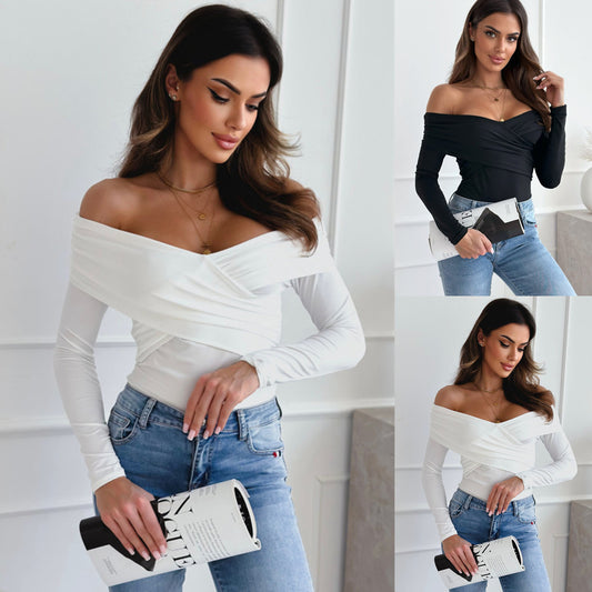Damen Off-Shoulder Oberteil mit Wickeldesign und langem Arm Stalluxe