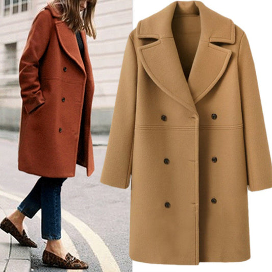 Damen Eleganter Doppelreiher-Wollmantel mit weitem Kragen und praktischen Taschen Stalluxe