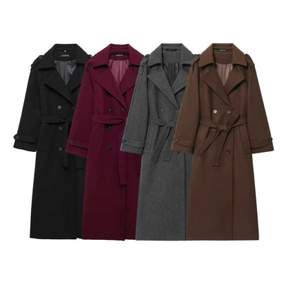 Damen Eleganter Wolltrenchcoat mit doppelter Knopfleiste und Taillengürtel Stalluxe