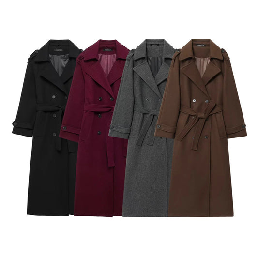 Damen Eleganter Wolltrenchcoat mit doppelter Knopfleiste und Taillengürtel Stalluxe