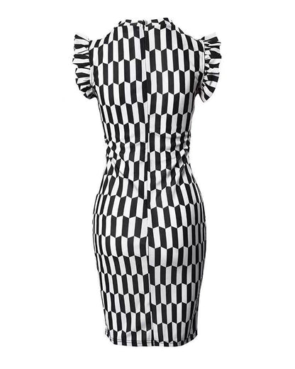 Damen Figurbetontes Kleid mit Rüschendetails und geometrischem Muster Stalluxe