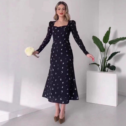 Damen Elegantes Blumen-Kleid mit langem Arm und Taillenschnitt Stalluxe