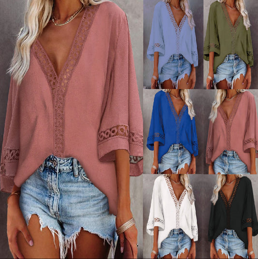 Damen Elegante Bluse mit Spitzen- und V-Ausschnitt Stalluxe