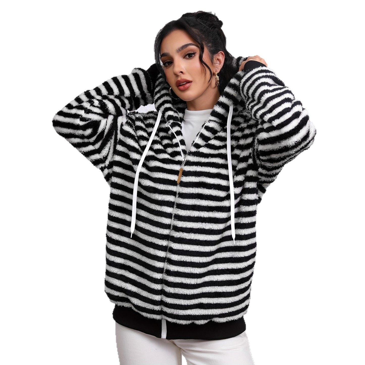Damen kuschelige Kapuzenjacke mit gestreiftem Design und großer Tasche Stalluxe