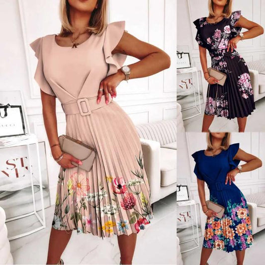 Damen Midi-Kleid mit Volantärmeln und floralem Gürtel Stalluxe