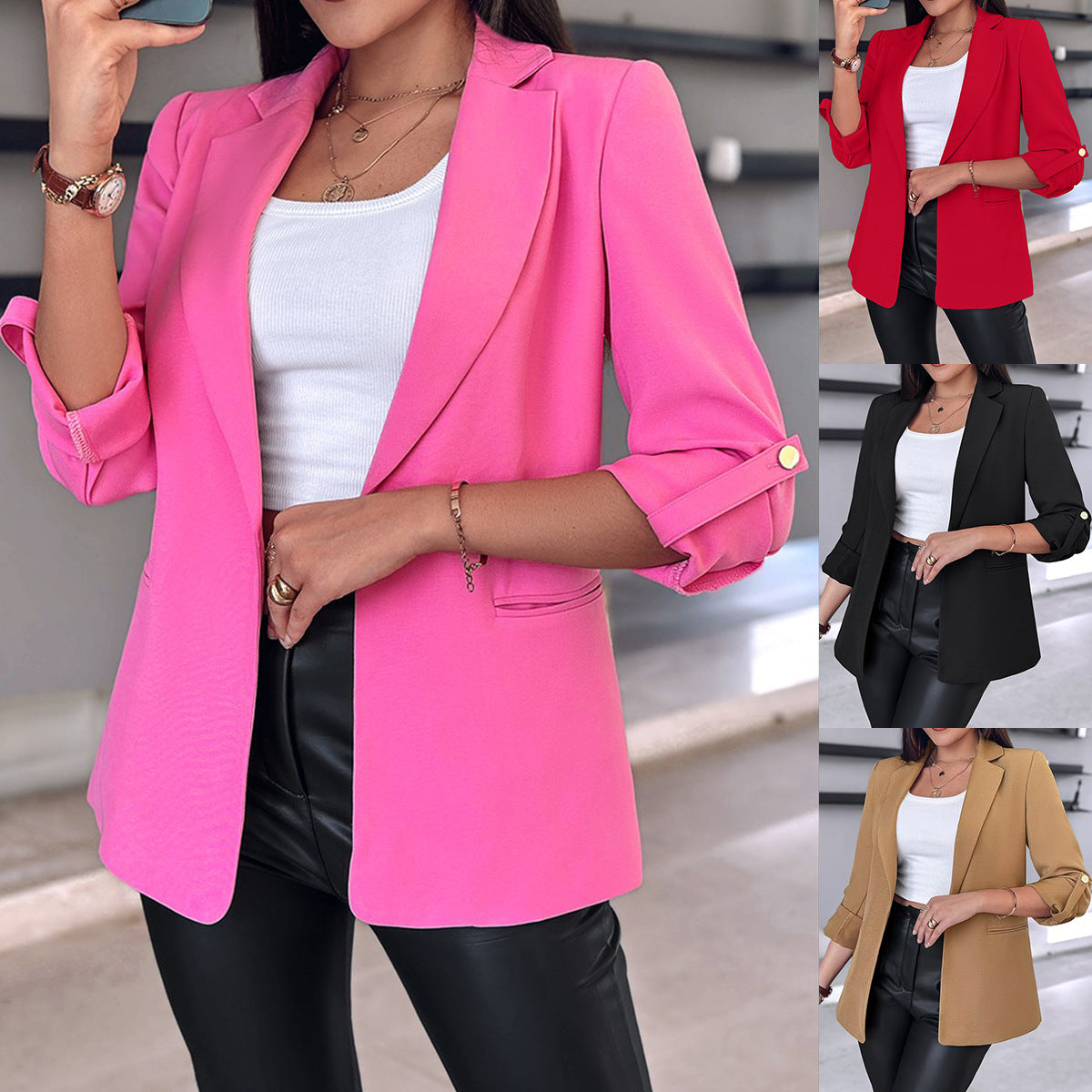 Damen Eleganter Blazer mit hochgeschlagenen Ärmeln und dekorativen Knopfdetails Stalluxe