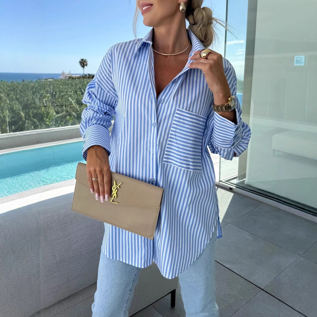 Damen Streifenbluse im lässigen Oversized-Stil mit Brusttasche Stalluxe