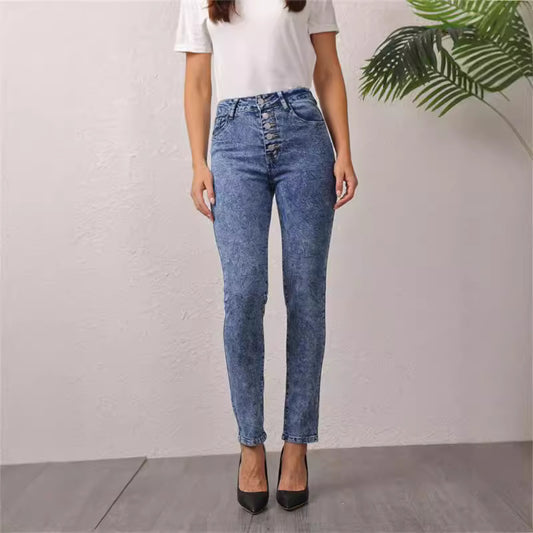 Damen hochgeschnittene Jeans mit dekorativem Knopfverschluss Stalluxe