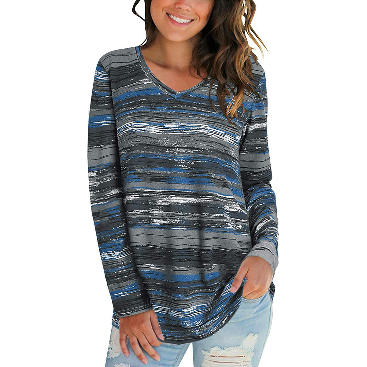 Damen V-Ausschnitt Langarmshirt mit gestreiftem Design und lockerer Passform Stalluxe