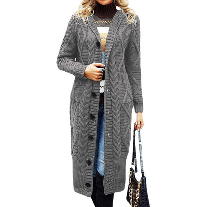 Damen Eleganter Strickmantel mit tiefem V-Ausschnitt und aufwendigem Zopfmuster Stalluxe
