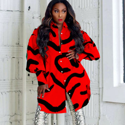 Damen Modisches Hemdblusenkleid mit auffälligem Muster und voluminösen Ärmeln Stalluxe