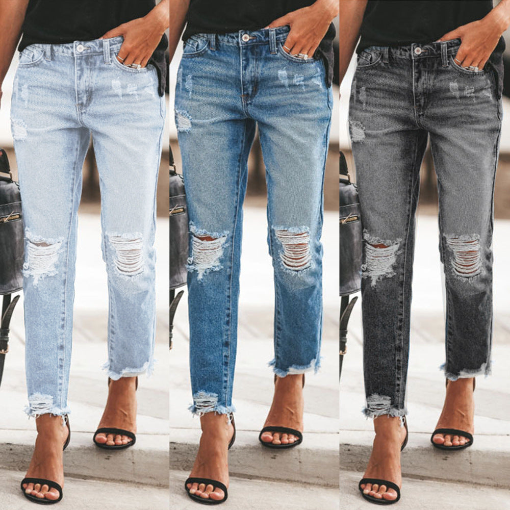 Damen Slim Fit Jeans mit Destroyed-Details und hohem Taillenbund Stalluxe