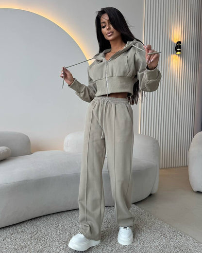 Damen sportliches Cropped Sweat-Set mit elastischem Bund und hohen Taschen Stalluxe