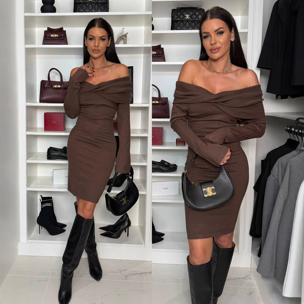 Damen Figurbetontes Cocktailkleid mit Off-Shoulder-Ausschnitt Stalluxe Braun