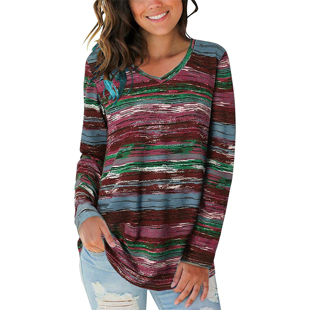 Damen V-Ausschnitt Langarmshirt mit gestreiftem Design und lockerer Passform Stalluxe