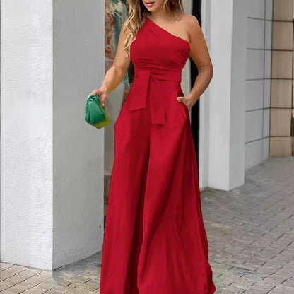 Damen Eleganter Jumpsuit mit asymmetrischem Ausschnitt und Taillengürtel Stalluxe