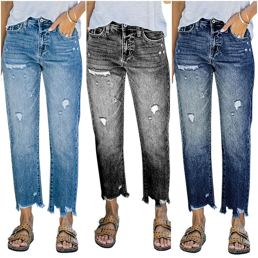 Damen Mom-Jeans mit hohem Bund und ausgefranstem Saum Stalluxe