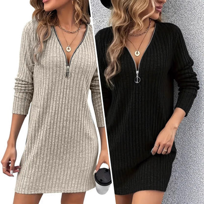 Damen Strickkleid mit modernem Reißverschluss und eleganter Rippstruktur Stalluxe