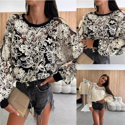 Damen Spitzenshirt mit floralen Stickereien und elastischen Bündchen Stalluxe