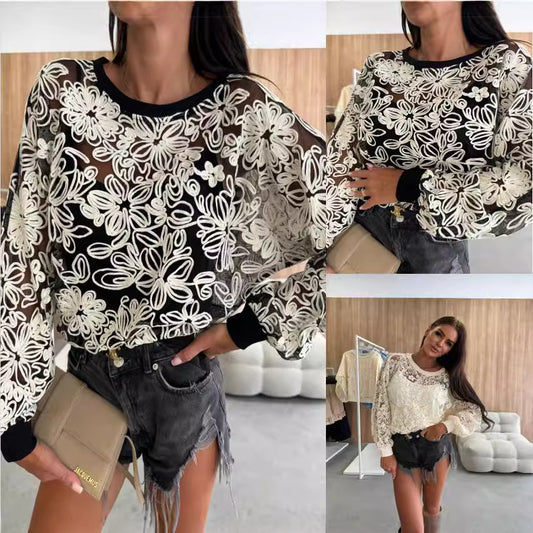 Damen Spitzenshirt mit floralen Stickereien und elastischen Bündchen Stalluxe