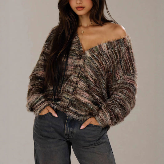 Damen Flauschige Strickjacke mit tiefem V-Ausschnitt und weitem Schnitt Stalluxe